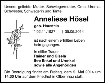 Todesanzeige von Anneliese Hösel von Marienberg