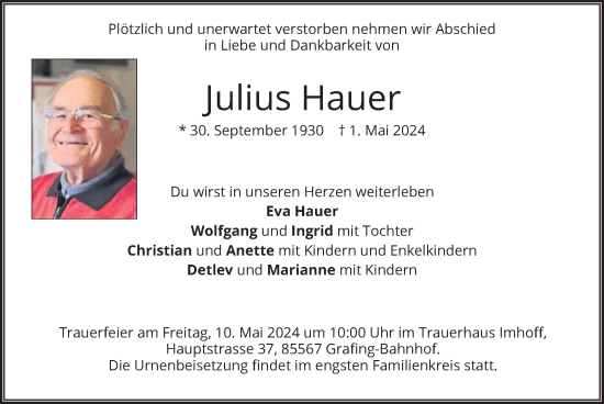 Todesanzeige von Julius Hauer von merkurtz