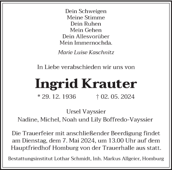 Todesanzeige von Ingrid Krauter von saarbruecker_zeitung