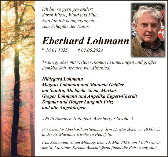 Todesanzeige von Eberhard Lohmann von WA