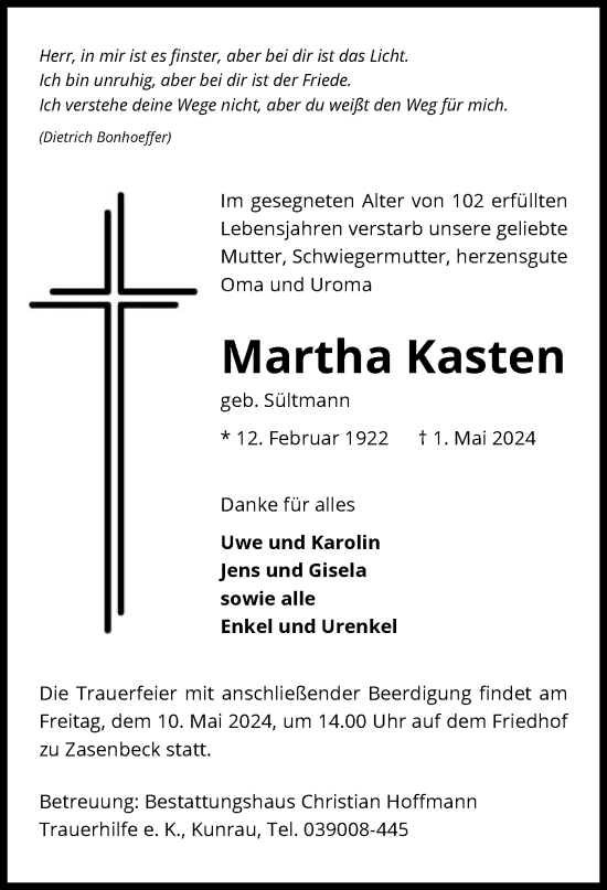 Todesanzeige von Martha Kasten von UEL