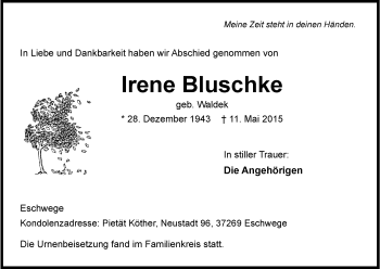 Todesanzeige von Irene Bluschke von Eschwege