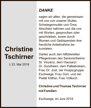 Todesanzeige von Christine Tschirner von Eschwege