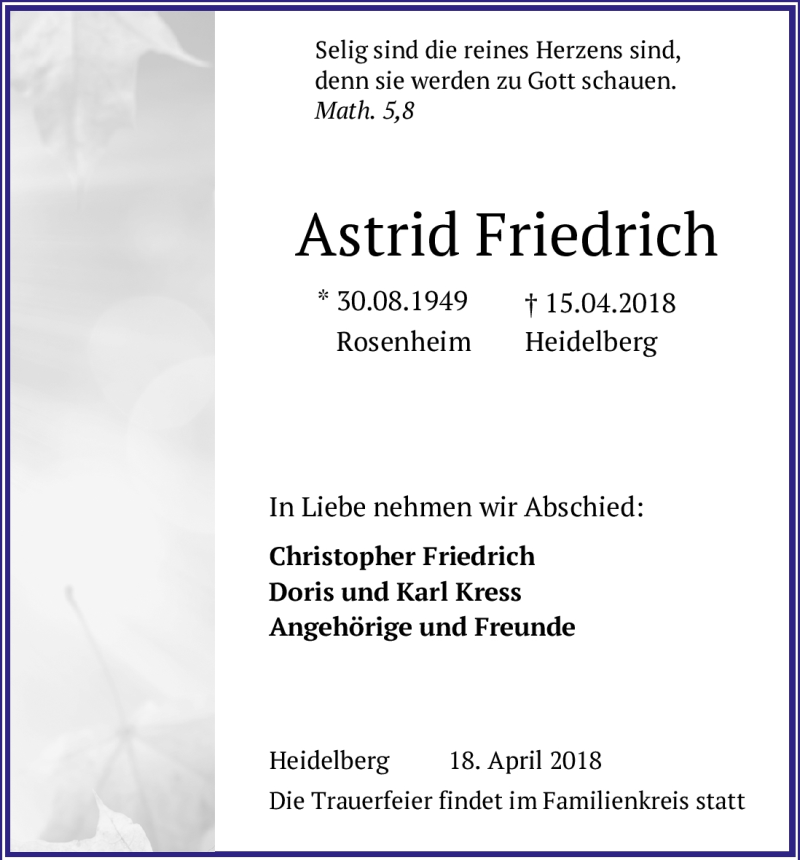 Trauer Und Todesanzeigen Von Astrid Friedrich Trauer De