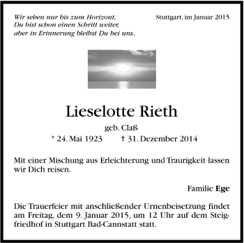 Traueranzeigen Von Lieselotte Rieth Trauer De