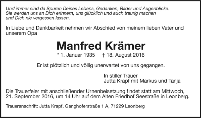 Traueranzeigen Von Manfred Kr Mer Trauer De