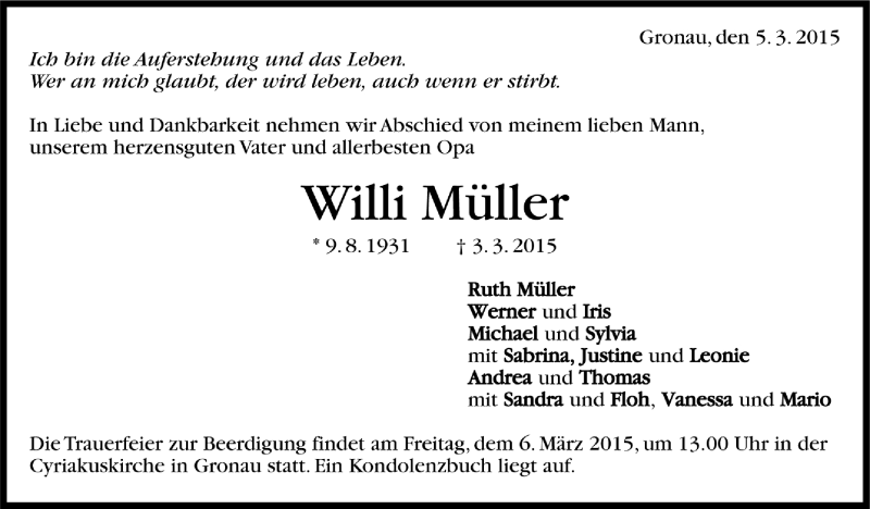 Traueranzeigen von Willi Müller Trauer de