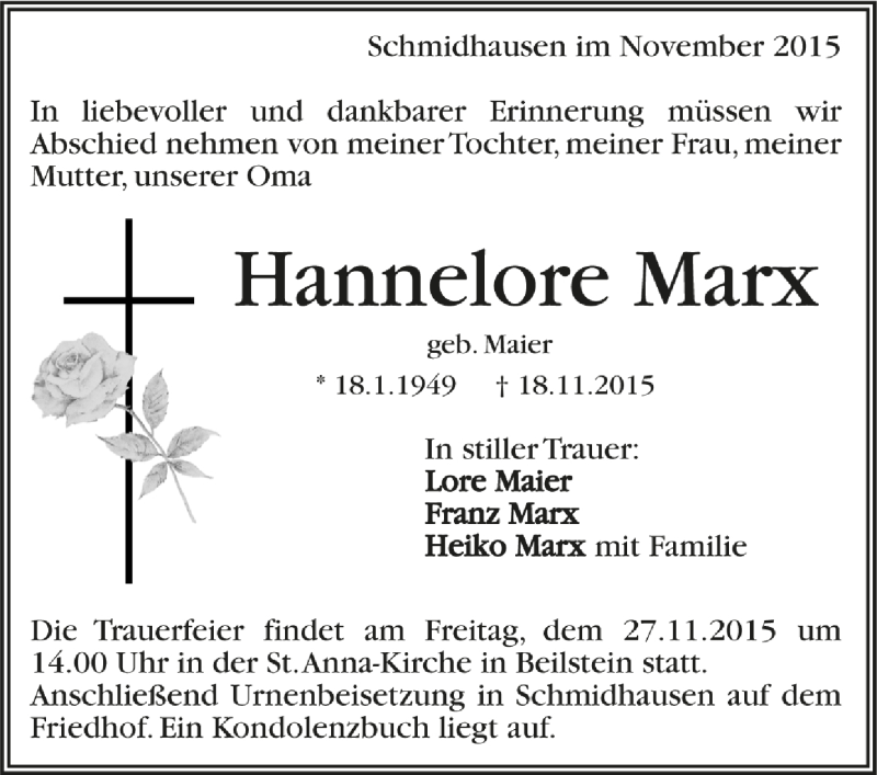 Traueranzeigen Von Hannelore Marx Trauer De