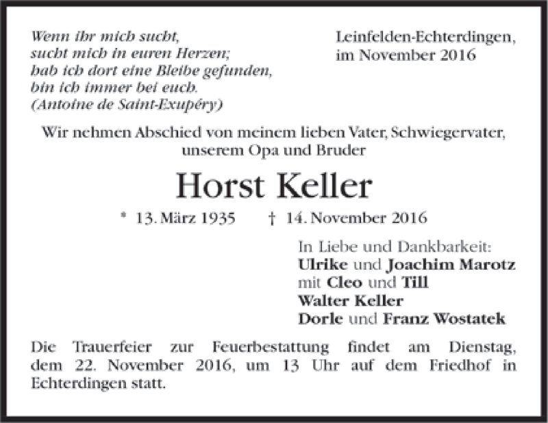 Traueranzeigen Von Horst Keller Trauer De