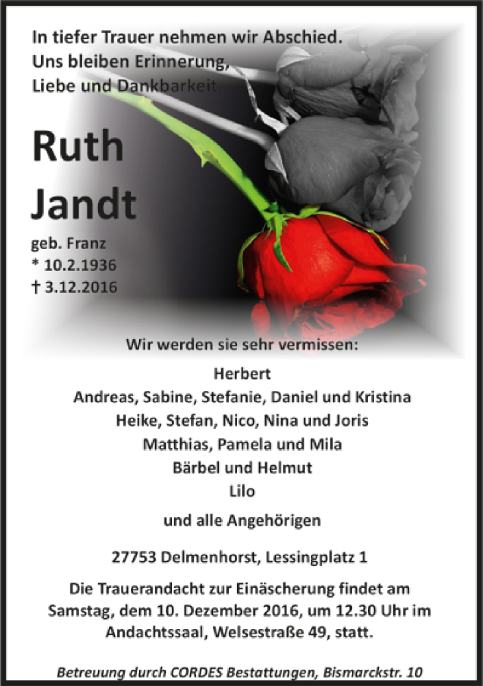 Traueranzeigen Von Ruth Jandt Trauer De