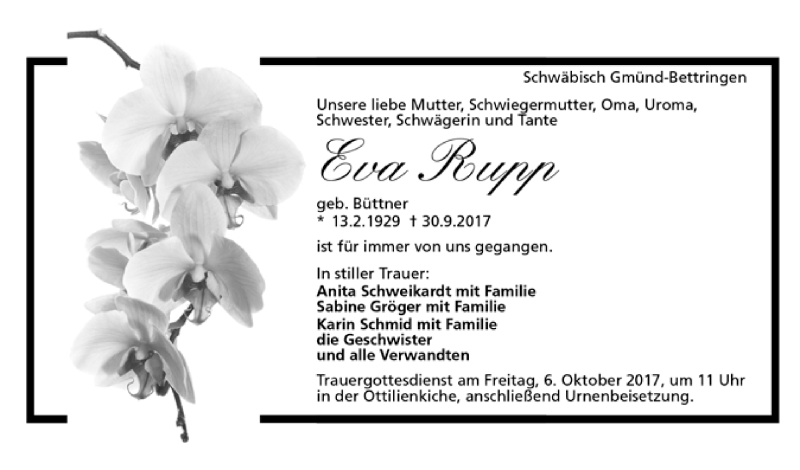 Traueranzeigen Von Eva Rupp Trauer De