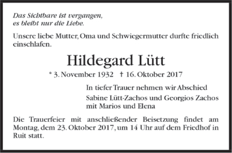 Traueranzeigen Von Hildegard L Tt Trauer De