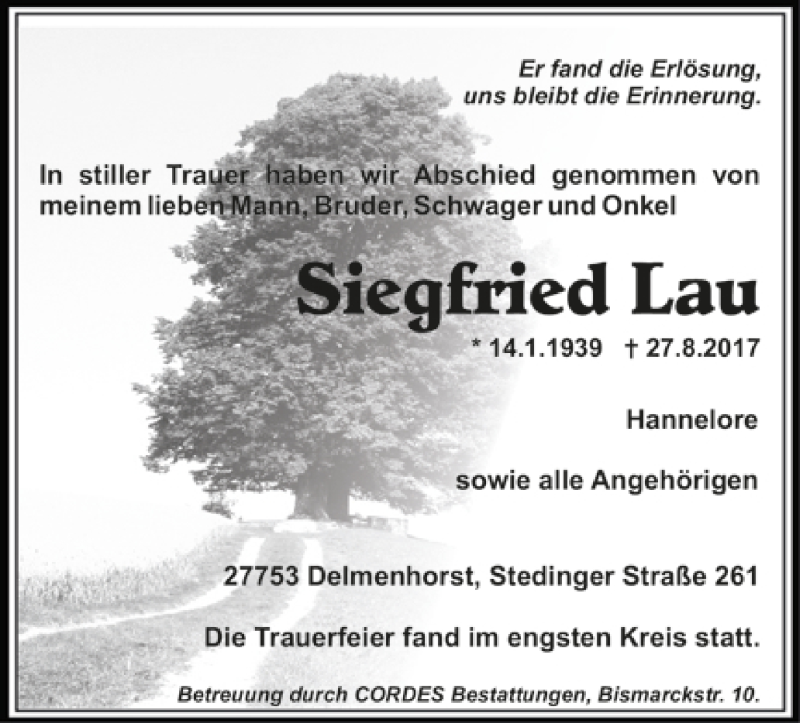 Traueranzeigen Von Siegfried Lau Trauer De