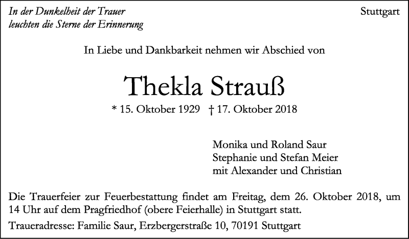 Traueranzeigen Von Thekla Strau Trauer De