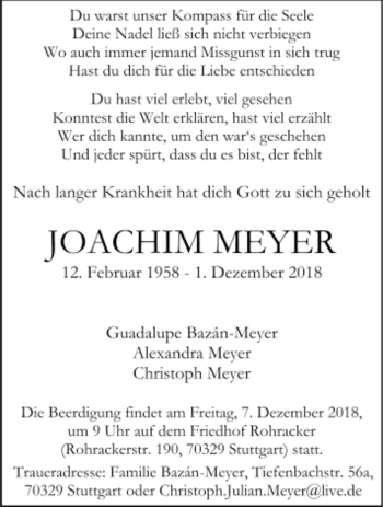 Traueranzeigen Von Joachim Meyer Trauer De