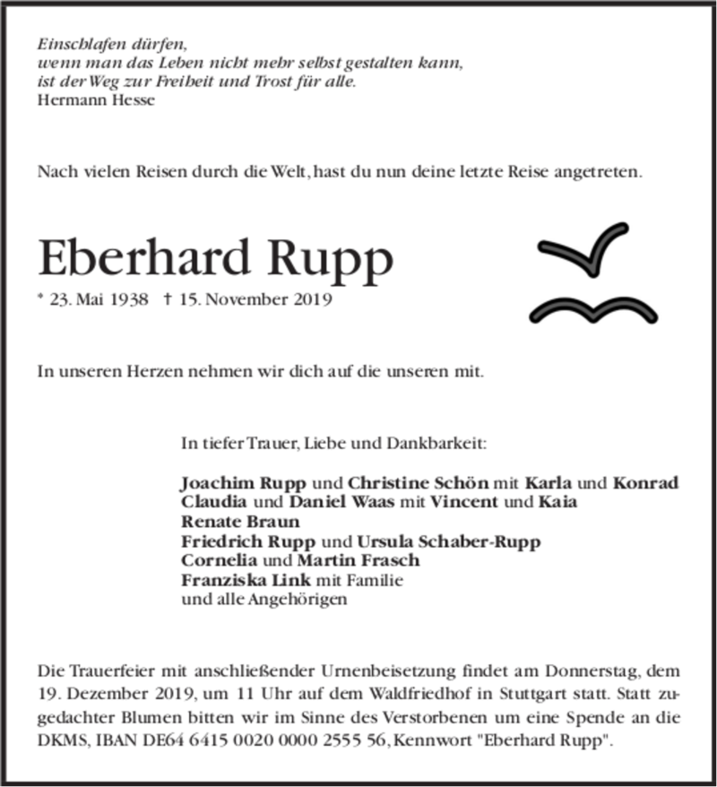 Traueranzeigen Von Eberhard Rupp Trauer De