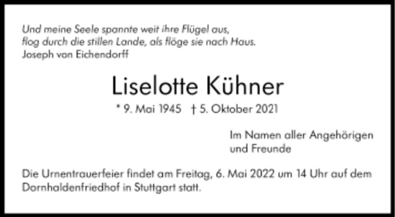 Traueranzeigen von Liselotte Kühner Trauer de