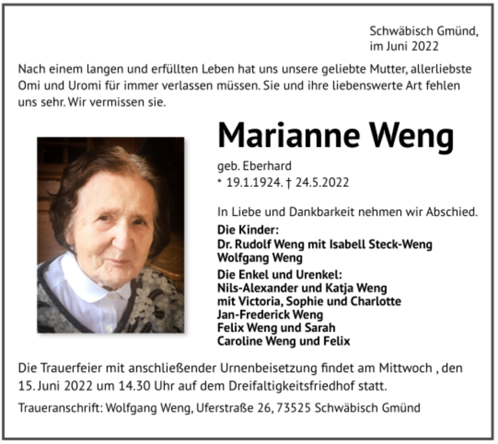 Trauer Und Todesanzeigen Von Marianne Weng Trauer De