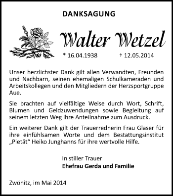 Todesanzeige von Walter Wetzel von Aue, Stollberg