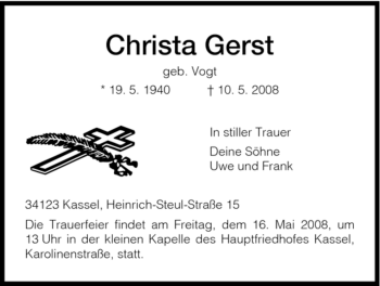 Todesanzeige von Christa Gerst von HNA