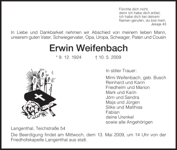 Todesanzeige von Erwin Weifenbach von HNA