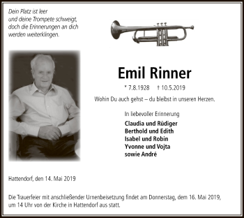Todesanzeige von Emil Rinner von HNA