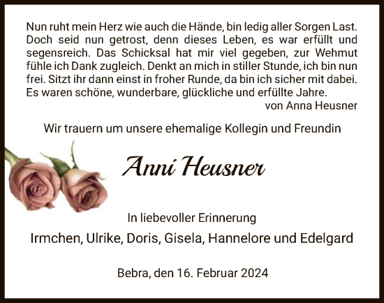 Todesanzeige von Anni Heusner von HNA