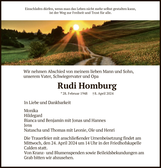Todesanzeige von Rudi Homburg von HNA