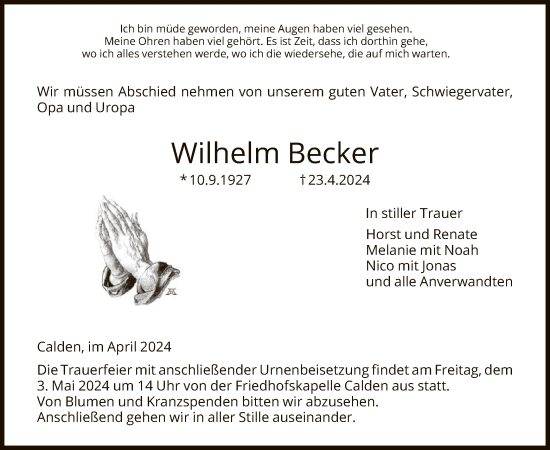 Todesanzeige von Wilhelm Becker von HNA