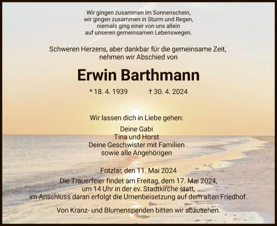 Todesanzeige von Erwin Barthmann von HNAHNA
