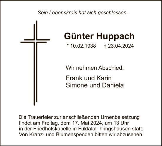 Todesanzeige von Günter Huppach von HNA