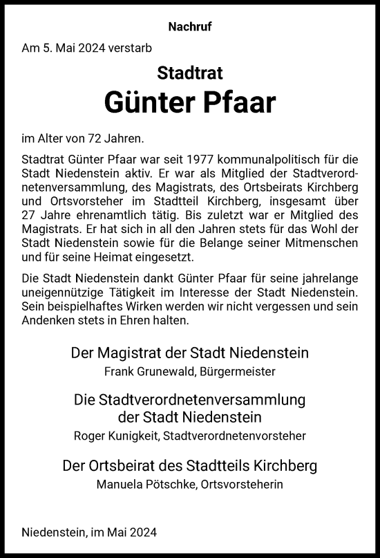 Todesanzeige von Günter Pfaar von HNA