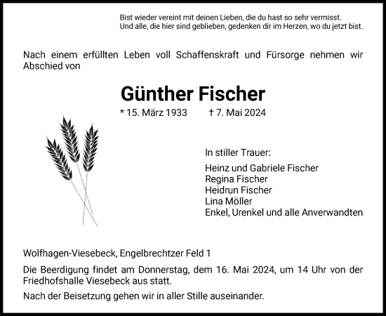 Todesanzeige von Günther Fischer von HNA
