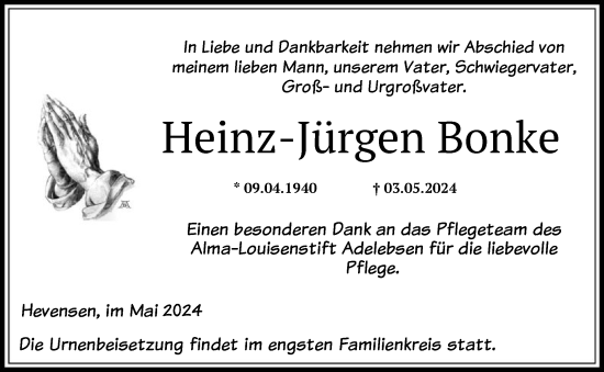 Todesanzeige von Heinz-Jürgen Bonke von HNA