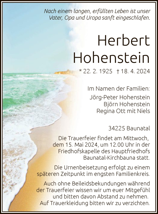 Todesanzeige von Herbert Hohenstein von HNA
