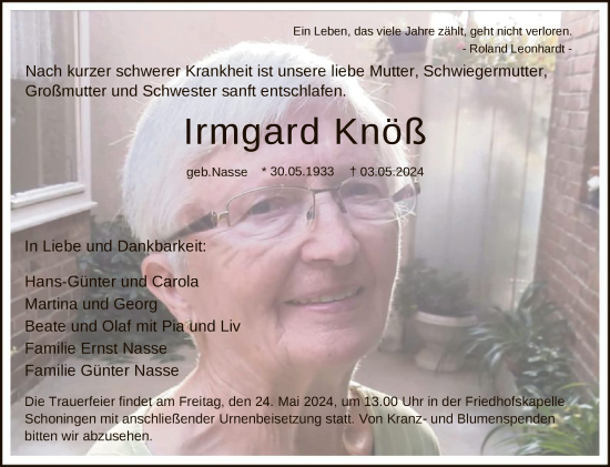 Todesanzeige von Irmgard Knöß von HNA