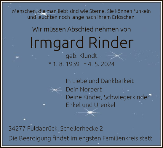 Todesanzeige von Irmgard Rinder von HNA