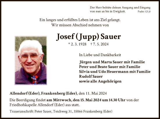 Todesanzeige von Josef Sauer von HNA