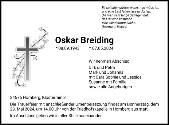 Todesanzeige von Oskar Breiding von HNA