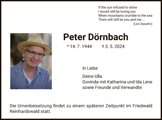 Todesanzeige von Peter Dörnbach von HNA