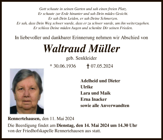 Todesanzeige von Waltraud Müller von HNA