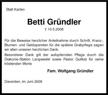 Todesanzeige von Betti Gründler von KREISZEITUNG SYKE