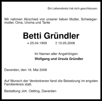 Todesanzeige von Betti Gründler von KREISZEITUNG SYKE