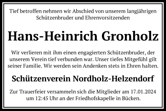 Todesanzeige von Hans-Heinrich Gronholz von SYK