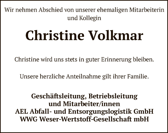 Todesanzeige von Christine Volkmar von SYK