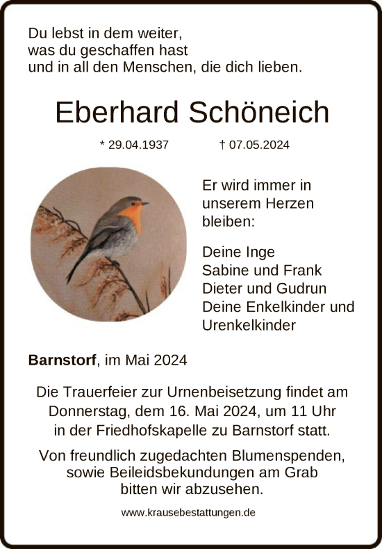 Todesanzeige von Eberhard Schöneich von SYK