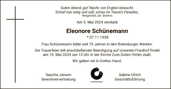 Todesanzeige von Eleonore Schünemann von SYK