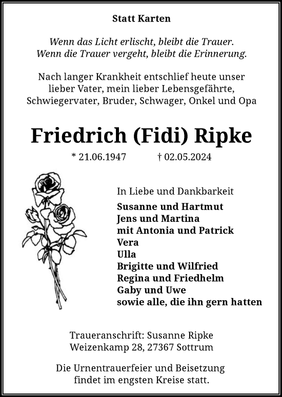 Todesanzeige von Friedrich  Ripke von SYK