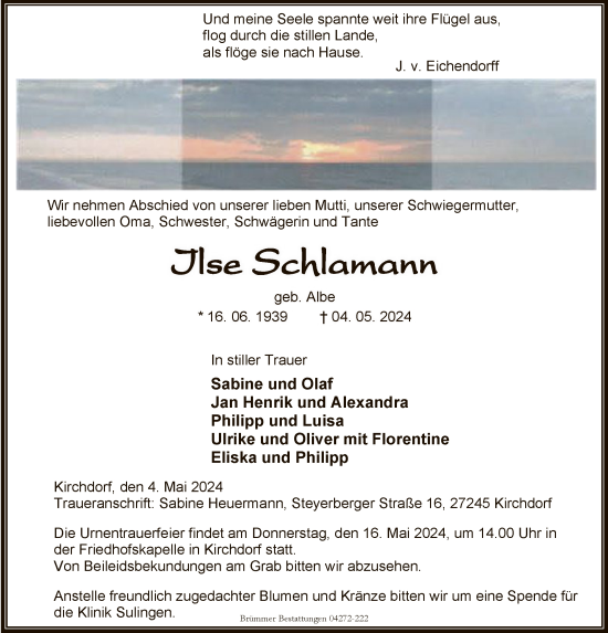 Todesanzeige von Ilse Schlamann von SYK