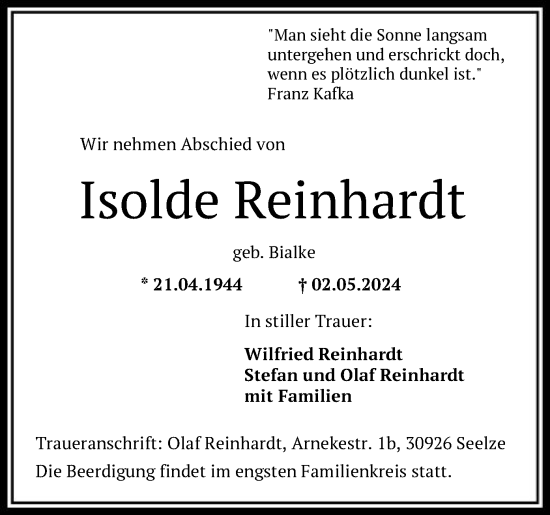Todesanzeige von Isolde Reinhardt von SYK